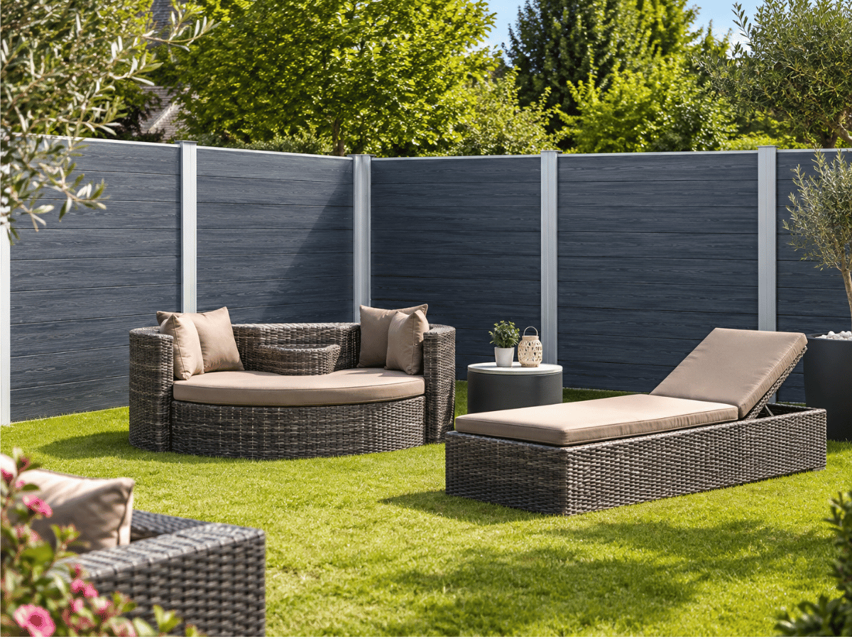 Palissade Govawall en PVC recyclé posée en clôture de jardin